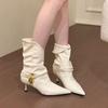 2025 Autumn and Winter New Retro Style Pointed Pointed Thin Pleated Piled Boots Female Spice Girl Fried Street White High-heeled Western Boots