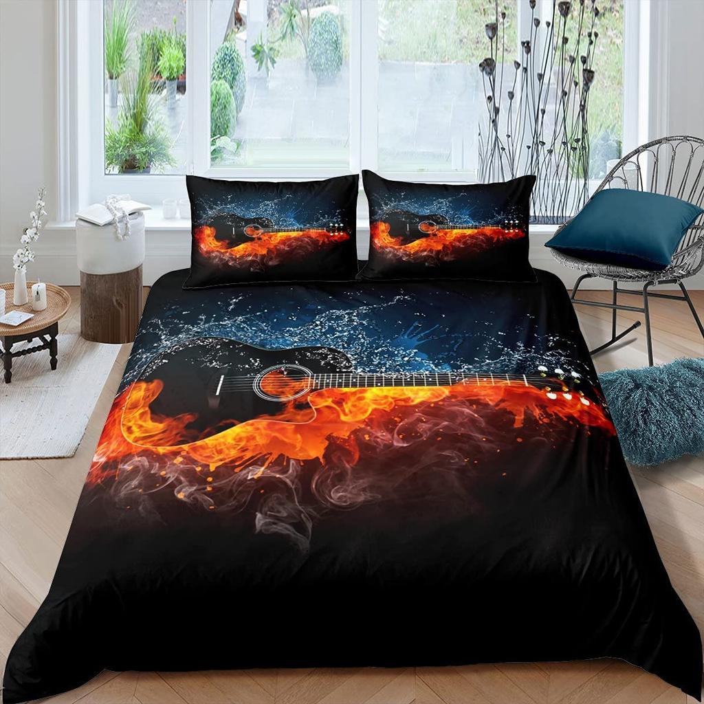 Guitar Duvet Cover Set King Queen Full Size Watercolour Style Polyester Comforter Cover For Kids Boys Girls Teens Bedding Set