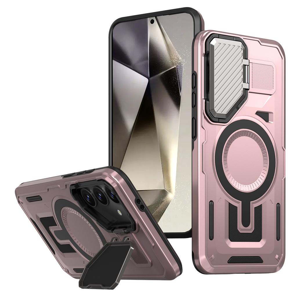 For Samsung Galaxy S25+/S24+ Case Compatible with MagSafe Lens Lid Kickstand PC+TPU Back Cover