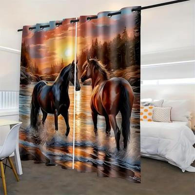 2 peças Cortinas de Janela Estampa Digital Cavalo Pôr do Sol Riacho para Sala de Estar Ilhós Cortinas Quarto Escritório Decoração de Casa