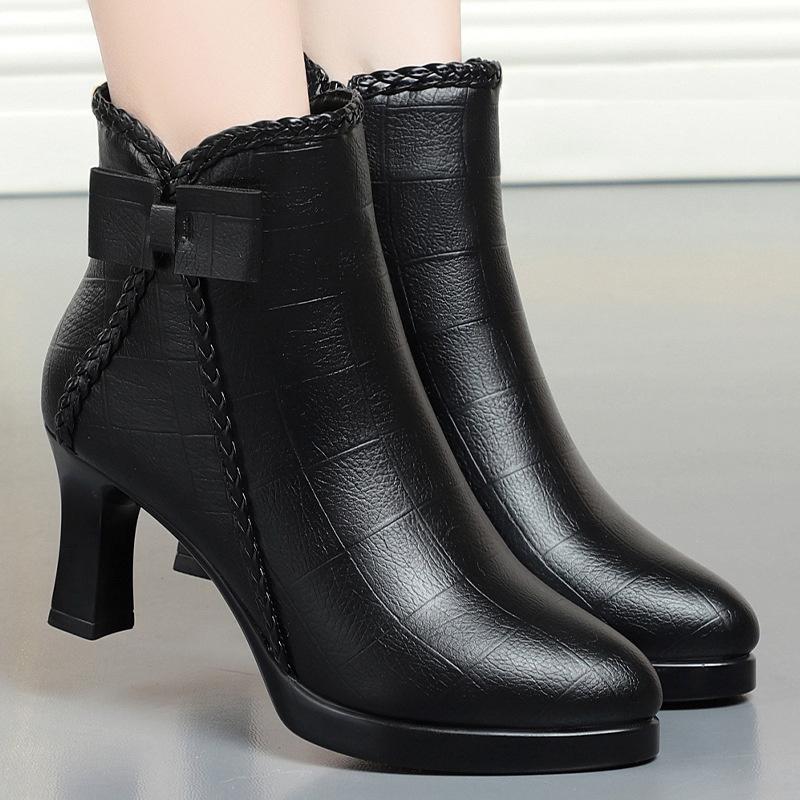 Autumn Women's Platform Shoes New Plus Velvet Stiletto Heel Heeled Ankle Boots Winter Keep Warm Bow Tie Short Boots