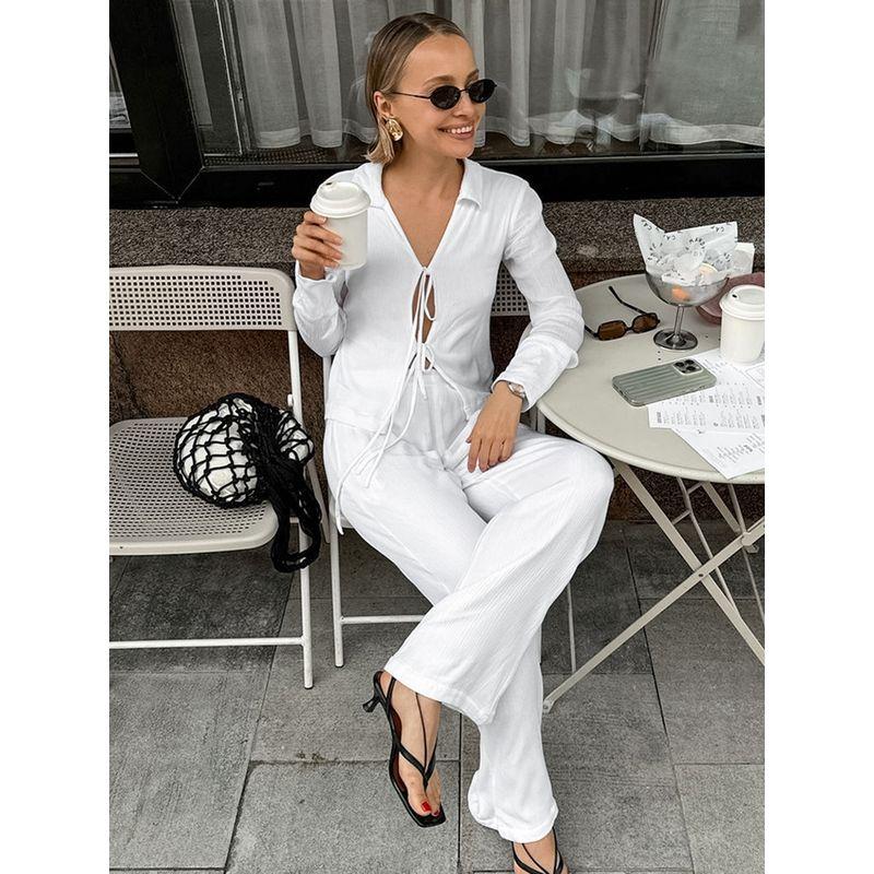 European and American Women Set White Lace-up Top Spring 2025 Casual Trousers