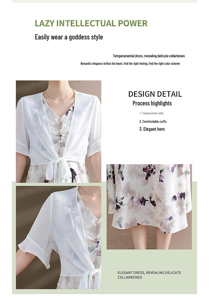 2026 Summer Fashion Chiffon Two-Piece Skirt Set for Middle-Aged & Elderly Women - Short Sleeve Dress