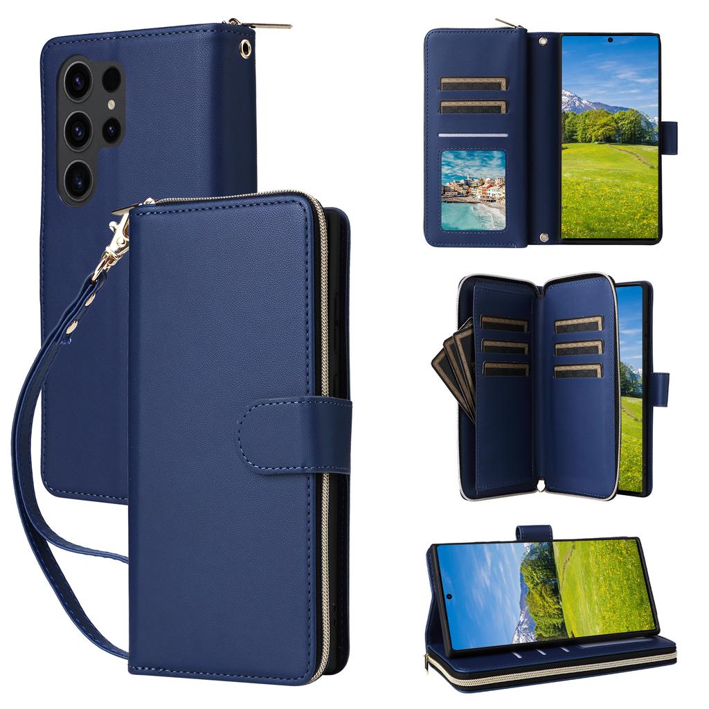 R20 For Samsung Galaxy S23 Ultra Case Zipper PU Leather Phone Cover with Straps