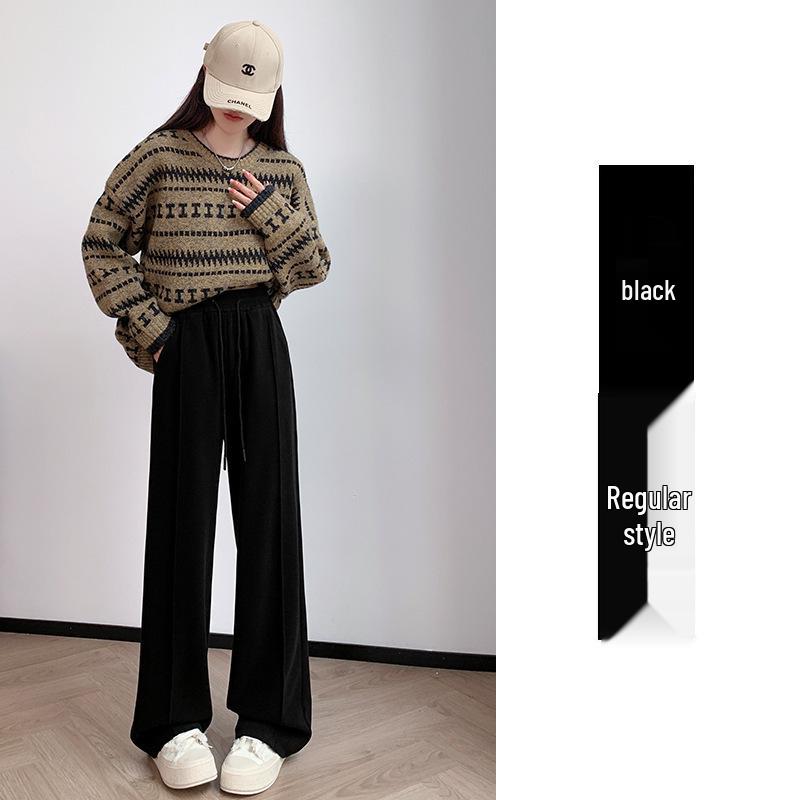 Vlněné kalhoty s vysokým pasem a širokými nohavicemi pro ženy - Plyšové, silné a ležérní na jaro, podzim a zimu