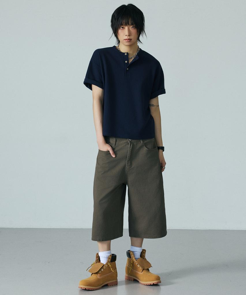 LXT Waffle Henley Neck Crop Short Sleeve T-Shirt [Navy]