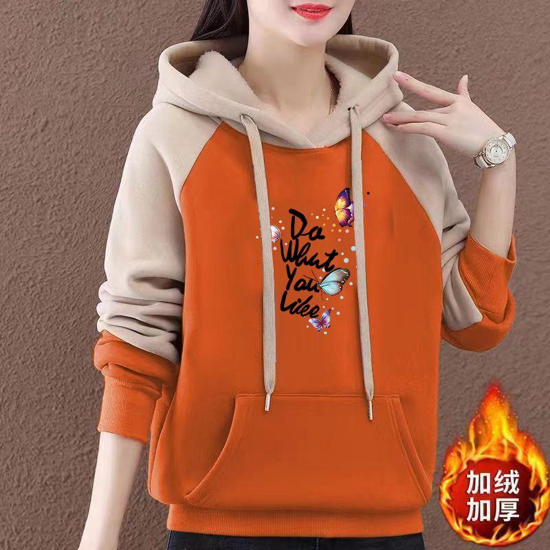 Autumn Winter Velvet Thickening Korean New Hooded Sweatshirt Women's Top Pullover Kangaroo Pocket