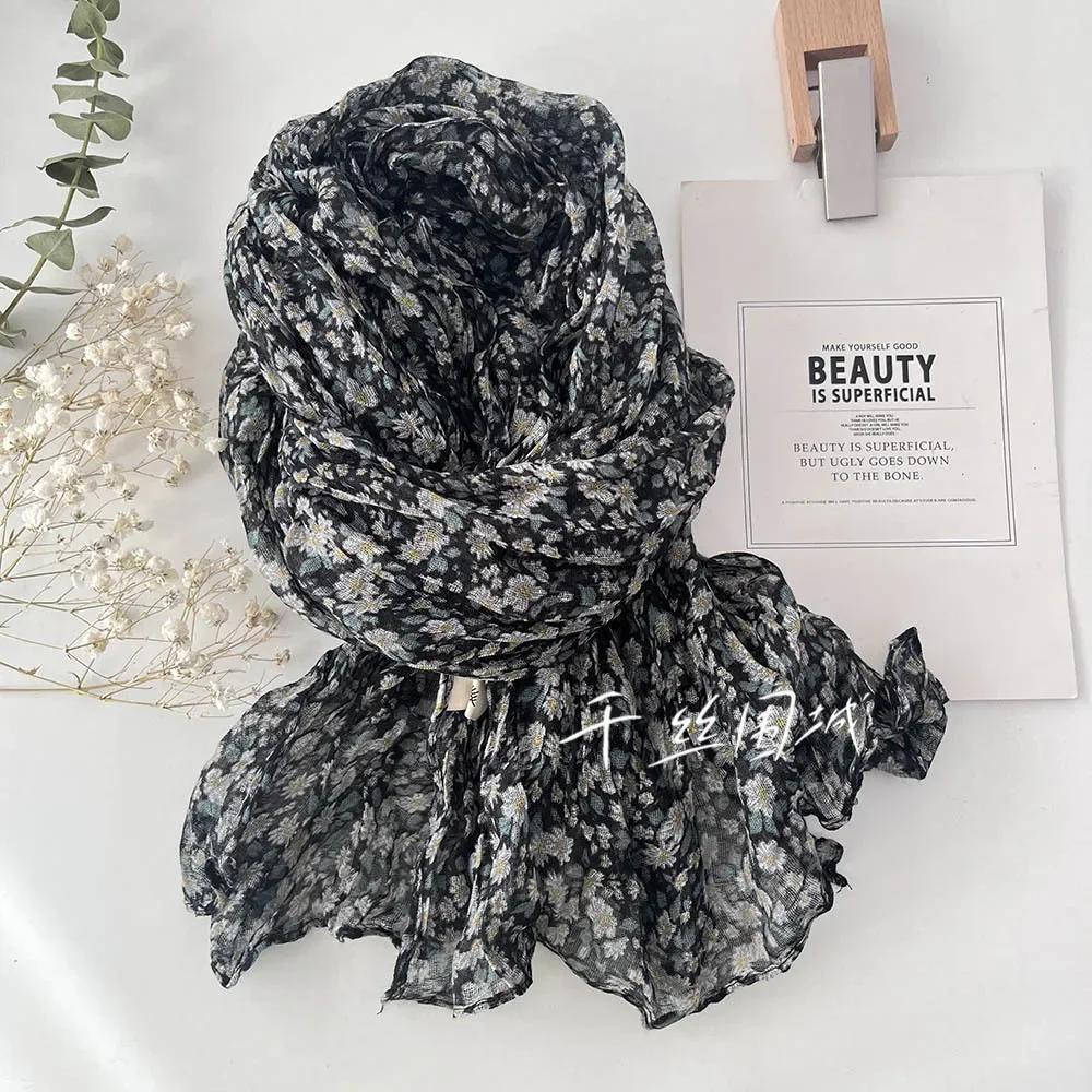 Spring Summer New Thin Breathable Cotton and Linen Touch Scarf for Women's Artistic Sunscreen Shawl Versatile Japanese Floral