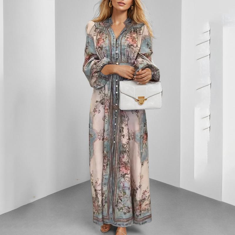 Spring new women's clothing European and American, retro court V-neck long-sleeved printed pendulum dress