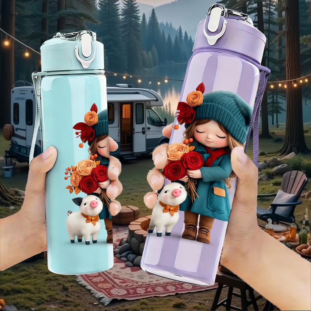 1PC Little Red Hood Girl With Dog Print 750ml Color Plastic Sports Water Bottle Leakproof Flip Straw Lid Suitable for Sports Office Home Use