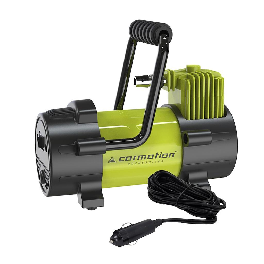 Kompresor powietrza tłokowy 12V, 10 BAR, wąż spiralny 400 cm z analogowym ciśnieniomierzem, 4 adaptery