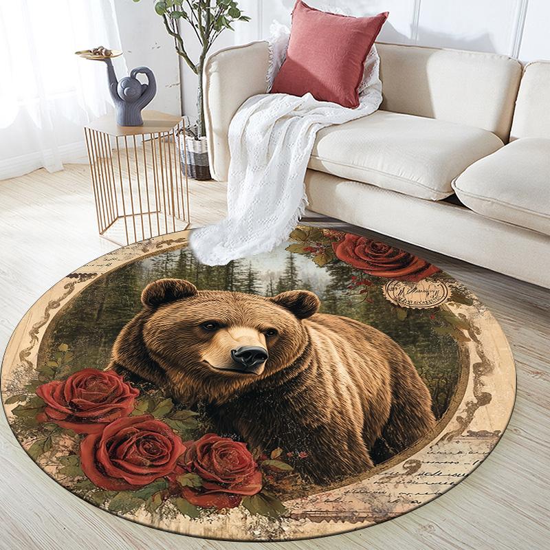 Vintage Rose Animals,Round Area Rug,Carpet Rug for Living Room Bedroom Sofa Playroom Decor,Non-slip Floor Mat