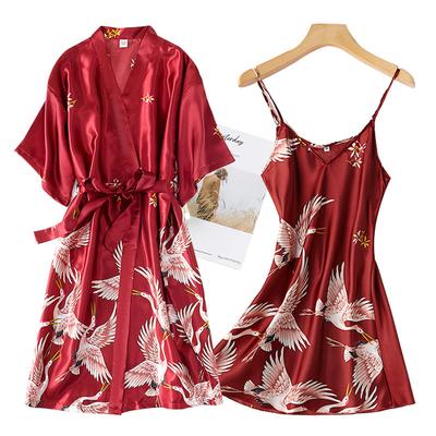 Women Faux Silk Kimono Robe Gown Sets Sexy Print Crane Nightdress &Bathrobe Lingerie Nightgown Summer Sleepwear