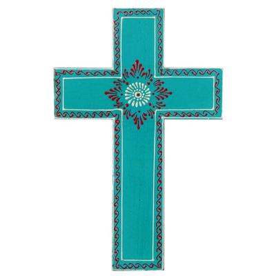 Cruz de Parede de Madeira 'Sopro de Vida': Placa de Madeira de Manga Pintada à Mão, Azul