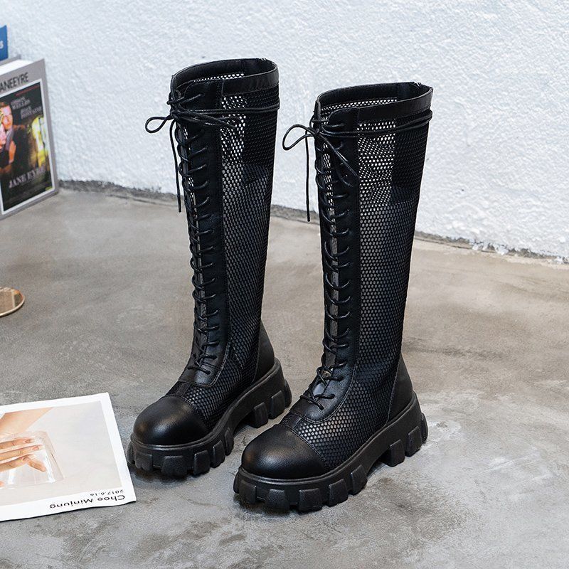 

2025Новые сапоги для женщин Модные сапоги до колена Летние дышащие сетчатые сапоги с вырезами Нескользящие сапоги на платформе Панк Botas Mujer 35 чёрный