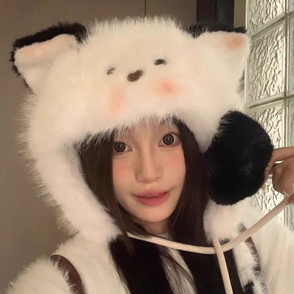 

Korean Cute Ear Hat Warm Pompom Beanie Cap Winter Women Fluffy Hat Girls кофейный