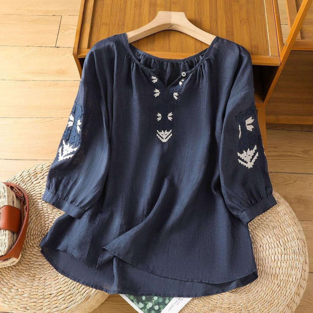 Summer Ethnic Style Cotton Linen Blouses Tops Women Geometric Embroidered V Neck Half Lantern Sleeve Loose Plus Size Shirts