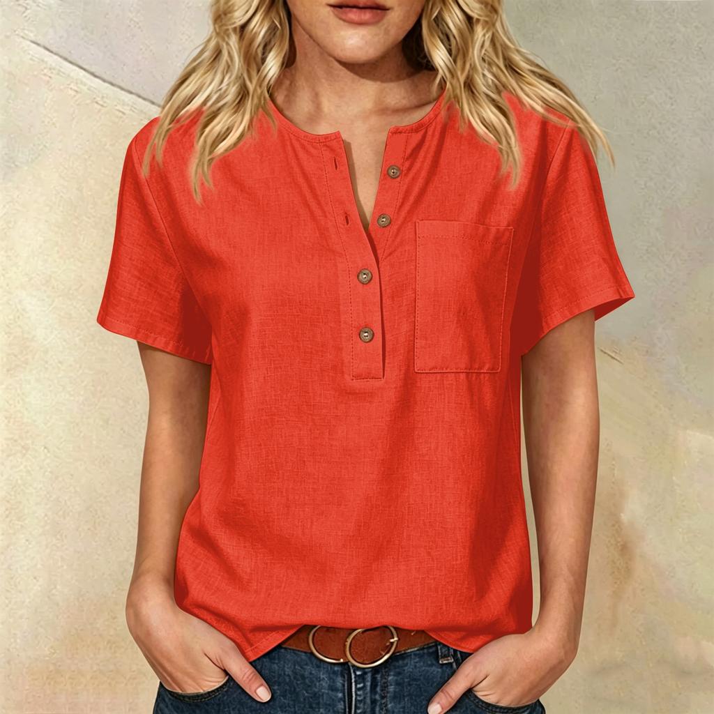 Women Short Sleeve Henley Neck Button Down Linen Cotton Shirt with Chest Pocket Relaxed Fit Casual Top Blouse for Daily Wear