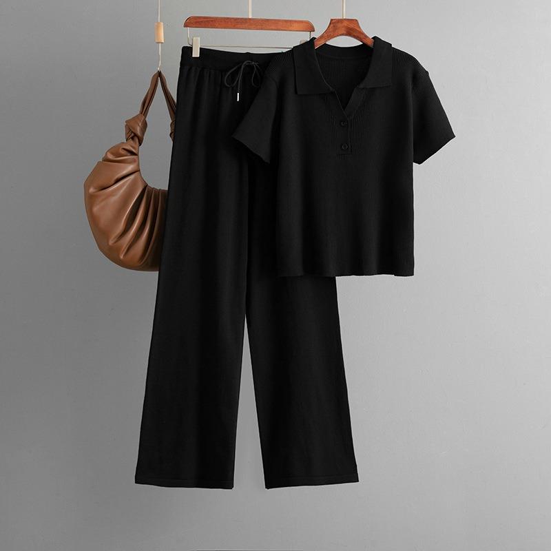 Olo Collar Ice Silk Knitted Fashion Suit Women's Summer New Temperament Button-shirt + Casual Pants Two-piece Set