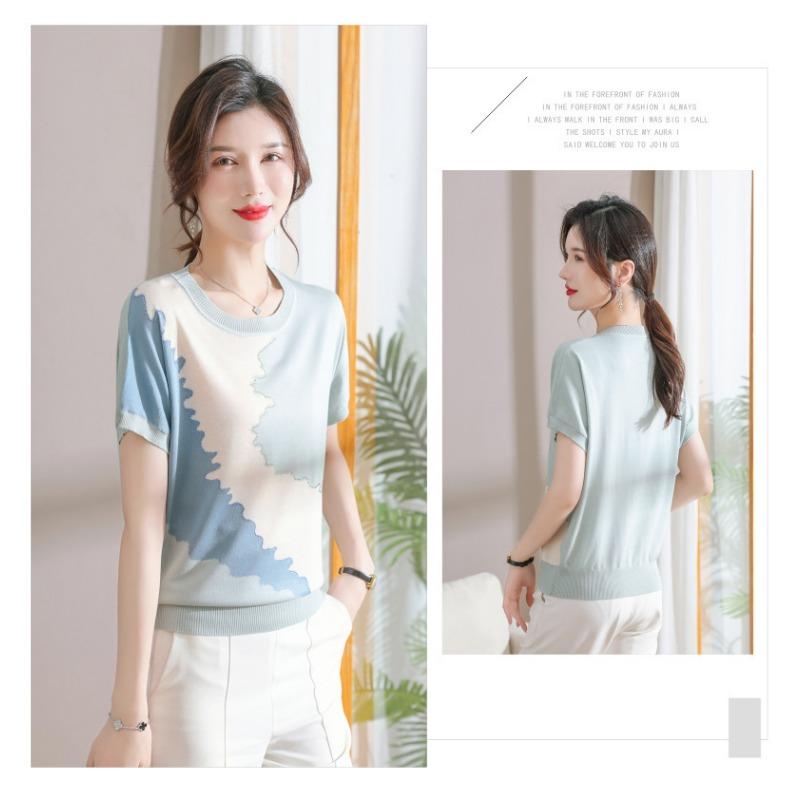 Women Summer New Ice Silk Round Neck Short Sleeve T Shirt Elegant Loose Thin Knit Top