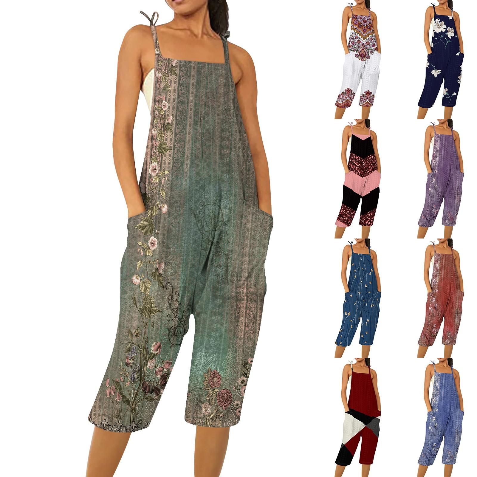 

Женский классический широкий комбинезон без рукавов с принтом в стиле ретро, ​​капри