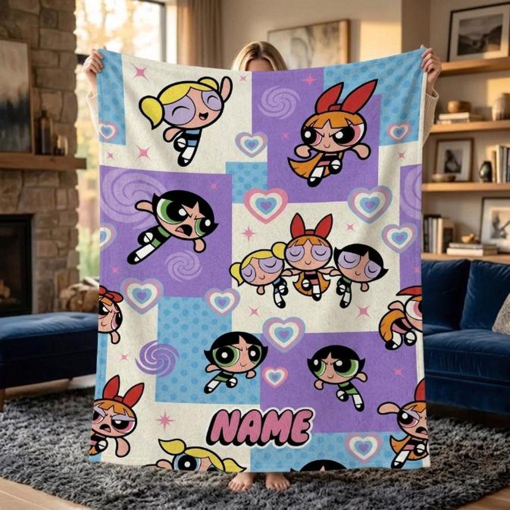 Cozy Powerpuff Girls Pattern Blanket, Custom Name Y2K Purple Flannel Throw, Blossom Bubbles Buttercup Decor, Birthday Gift For Girls