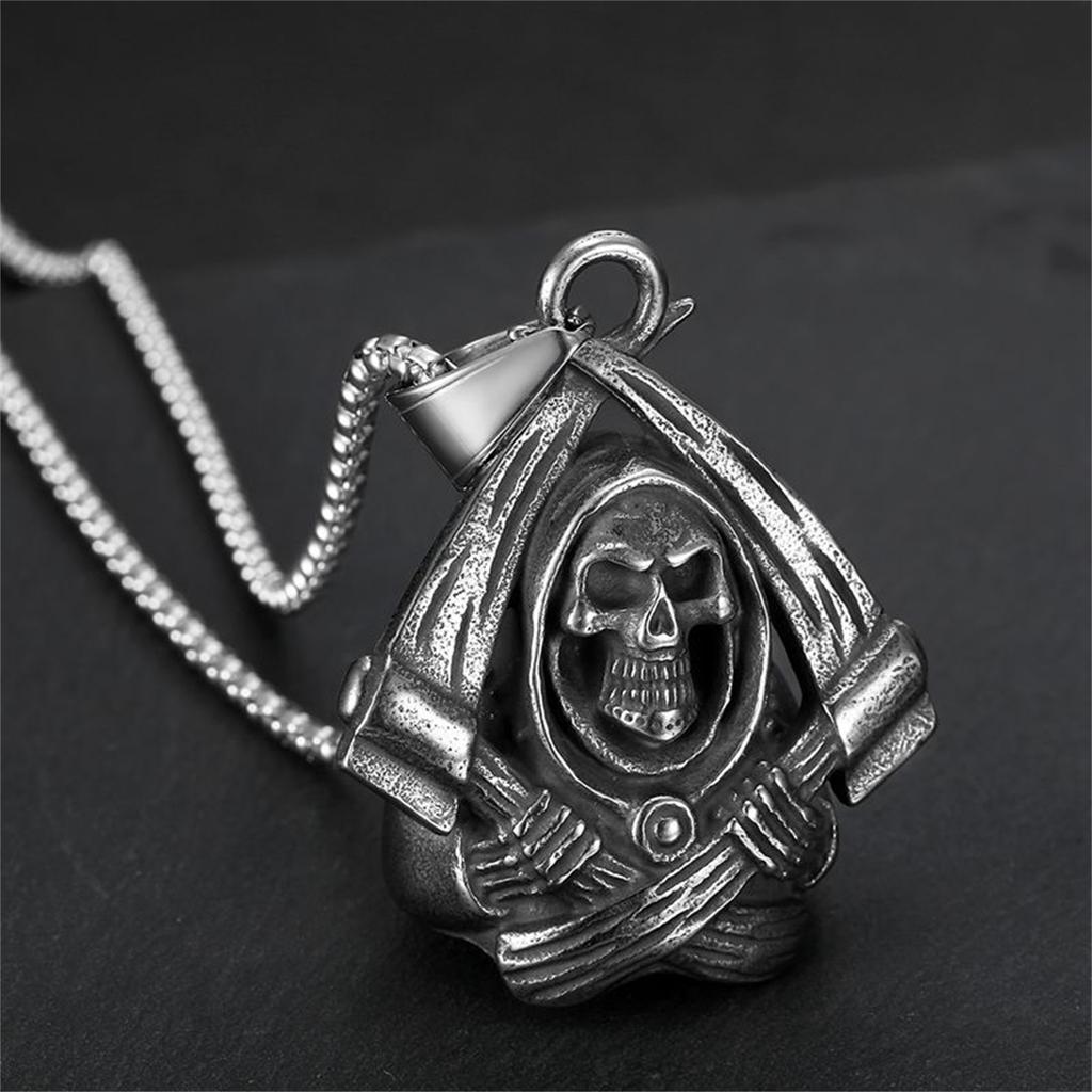Santa Muerte Bell Stainless Steel Pendant Necklace Our Lady of Holy Death Double Scythes Mexican Grim Reaper Skull Jewelry