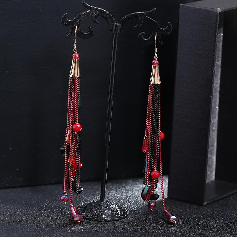 Retro trendy bohemian crystal fringed earrings 925 silver stud earrings temperament long women's personalized earrings