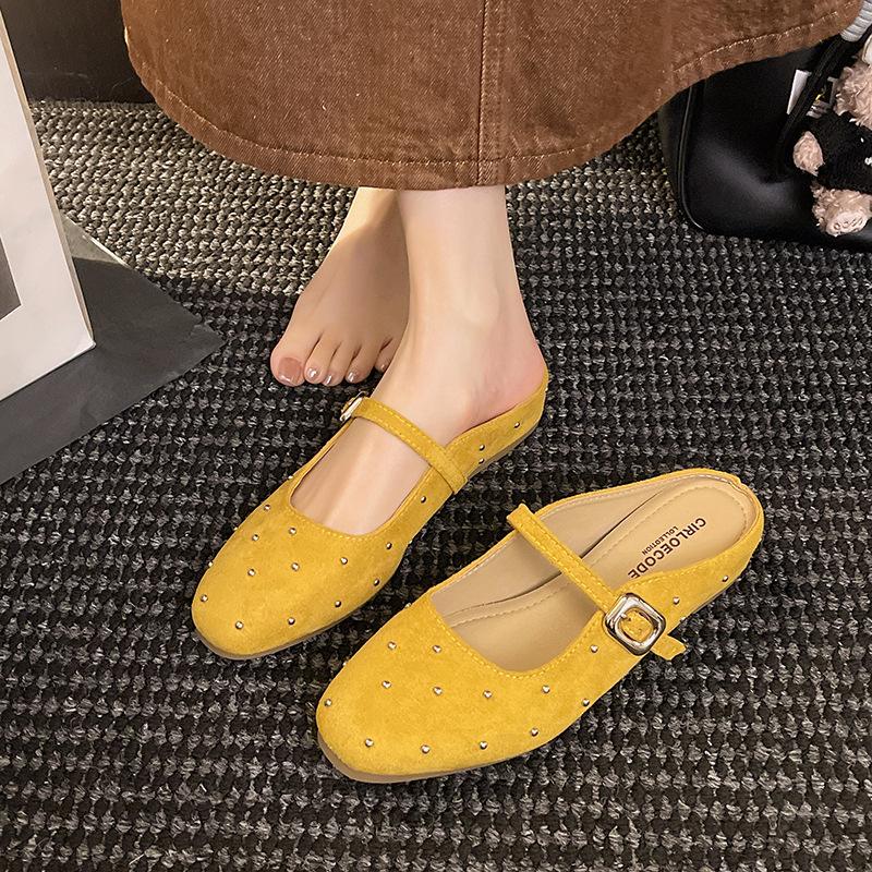 French Retro One-word Buckle Mary Jane Women's Shoes 2025 Summer New Casual Round Head Shallow Mouth Bag Head Half Slippers Women