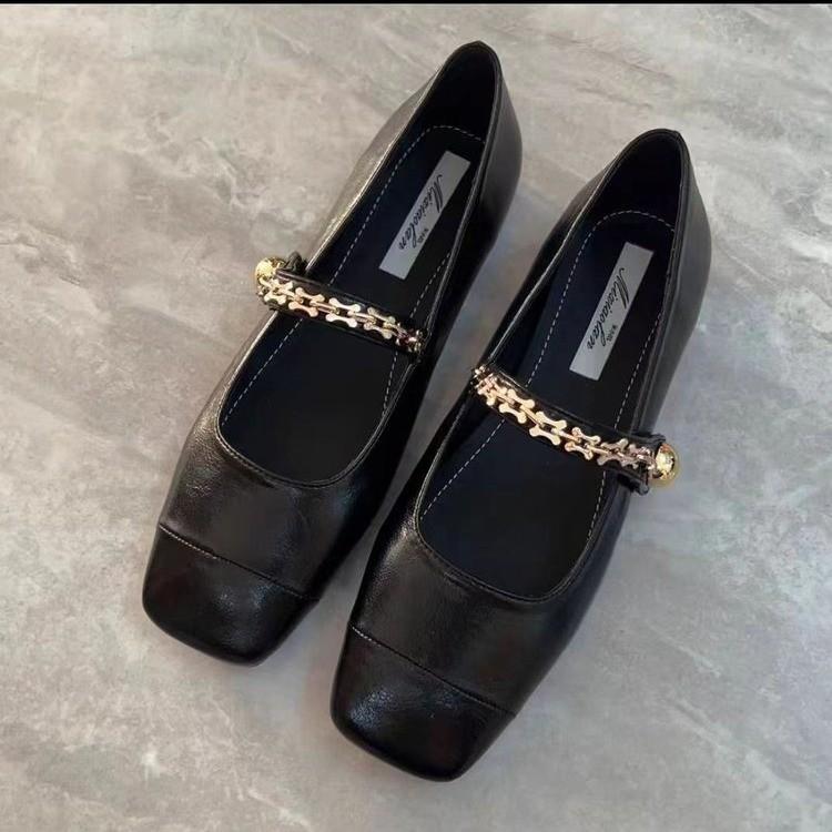 

One-word buckle brown single shoes women s new spring and autumn flat shoes square head Mary Jane women s shoes 35 чорний