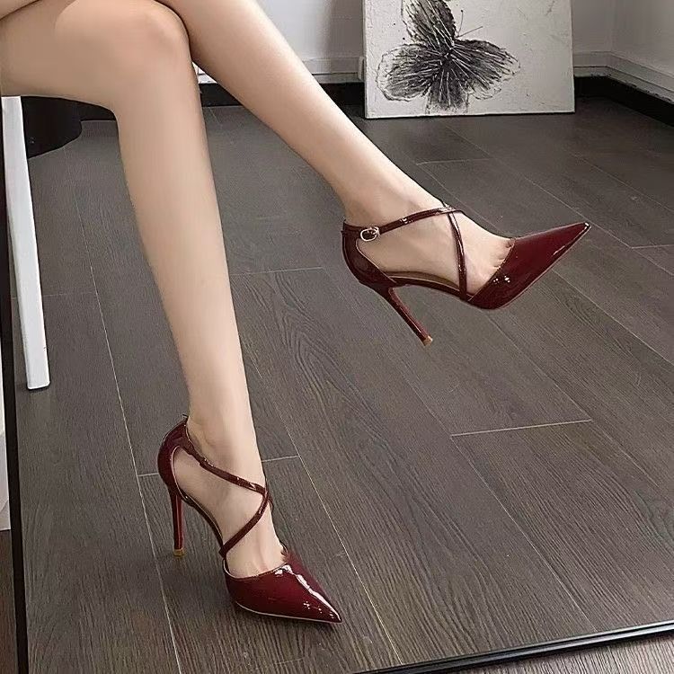 Thin Heel Pointed Burgundy High Heels 2025 Autumn New Popular Banquet Simple Red Patent Leather Women's Hollow Sandals
