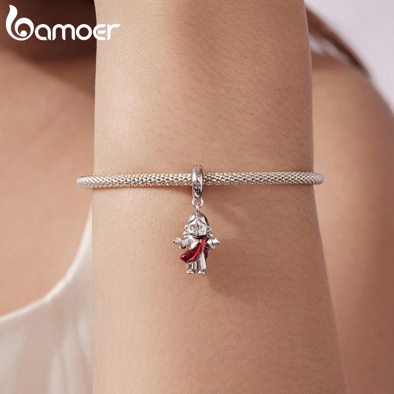 Bamoer 925 Silver Red Heart Skull Pendant Jesus Cross Beads for Women Bracelet Accessories DIY Religious Beliefs Gift