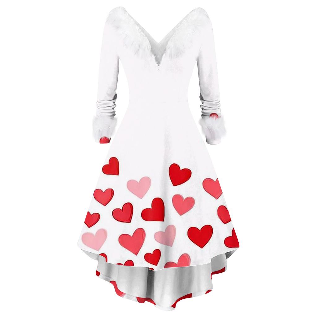 Damen stilvolles und elegantes langärmeliges V-Ausschnitt Kleid mit Valentinstags-Herzprint