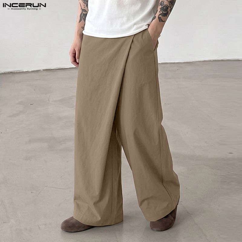 INCERUN Men Back Elastic Waist Wrap Casual Baggy Long Wide Leg Pants Trousers