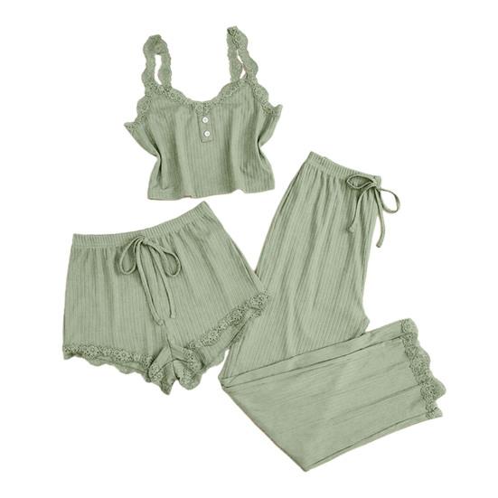 Women's 3 Piece Pajamas Set Ribbed Knit Lace Trim Cami Shorts And Pants