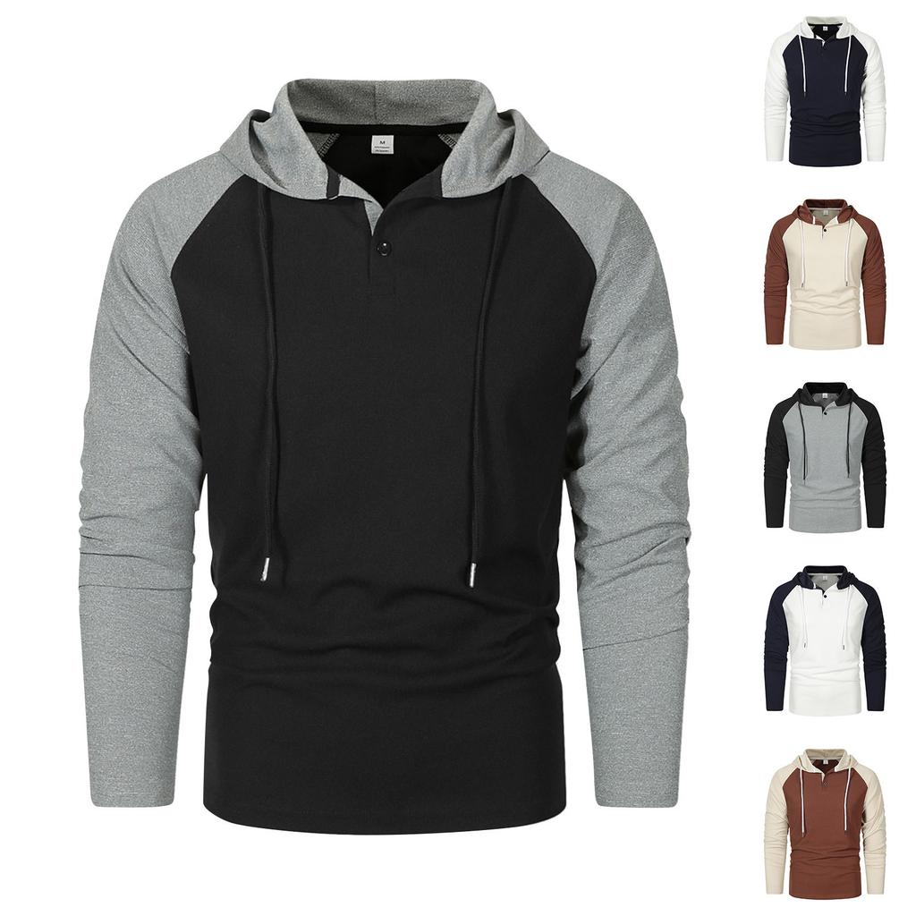 Men's Raglan Sleeve Colorblock Button Collar Hooded Sweatshirt Men's Sports Large Size Casual Pullover Sweatshirt