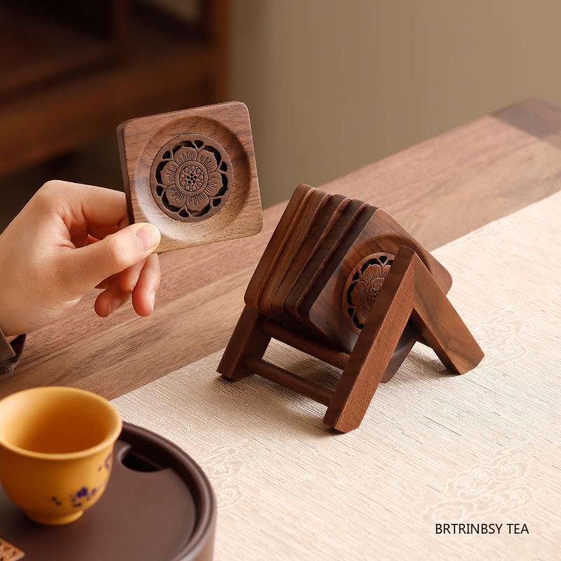 1 Set Chinese Walnut Wood Tea Tray Storage Rack Household Carved Coaster Insulation Teapot Teacup Mat Teaware Accessories