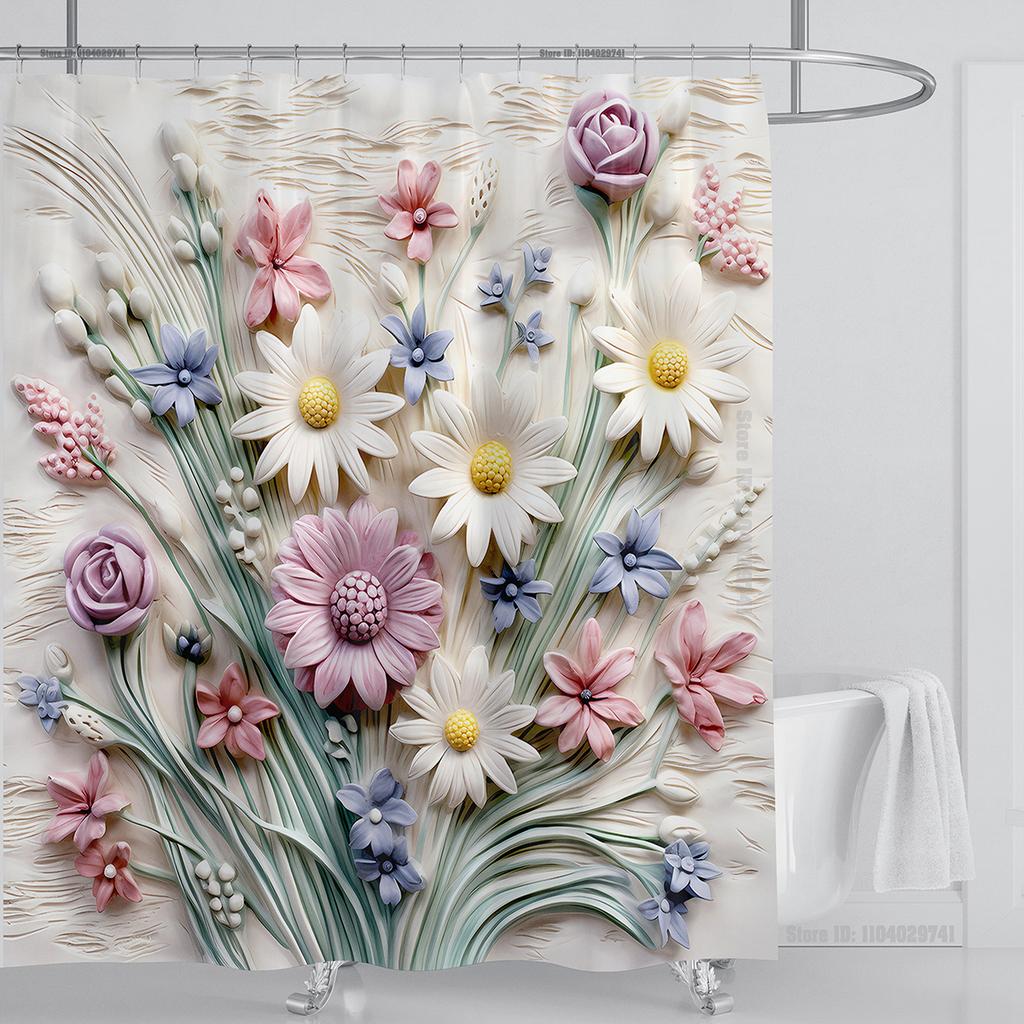 3D Floral Shower Curtain Set Orange Flower Design Fabric Bathroom Decor Waterproof Washable Shower Curtain Set with Hooks