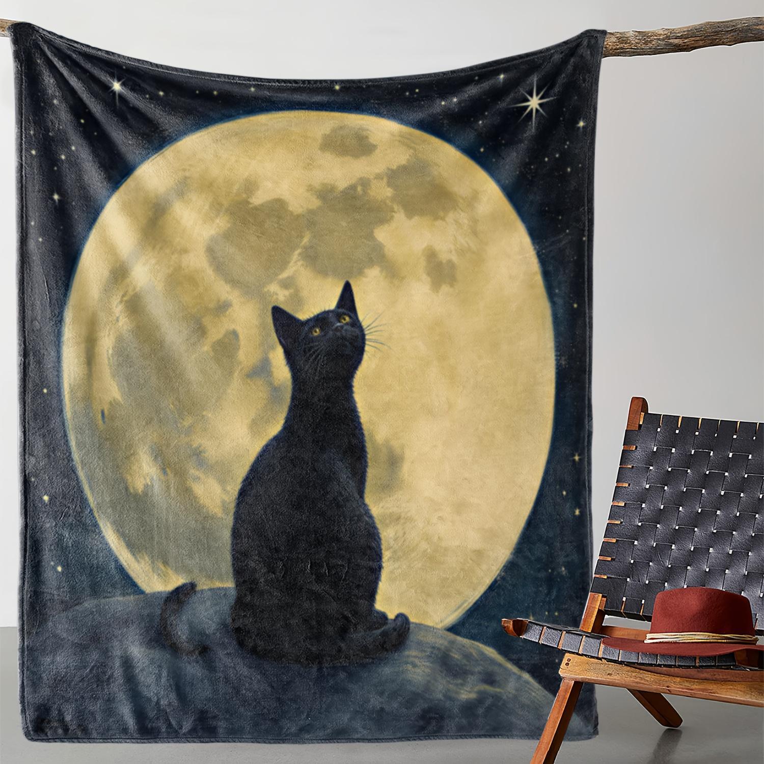 Vintage Moonlit Cat Throw Blanket - Soft Flannel All-Season Cozy Blanket with Mystical Black Cat & Full Moon Design, Mixed Color 130x150cm