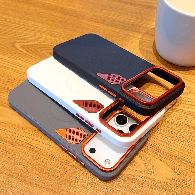 Heat Dissipation Designed Vegan Leather Magnetic Case For iPhone 17 Pro Max Air 16 16e 15 Plus With Metal Buttons Camera Frame