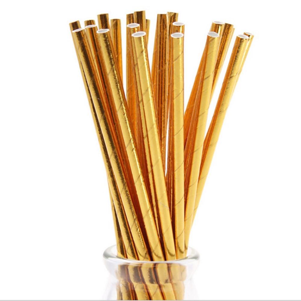 25 Teile/paket Bronzing Diagonal Streifen Strohhalme mit Einweg Gold Aluminium Folie Streifen Papier Strohhalme Geschirr Für Party Geburtstag Hochzeit Feiern