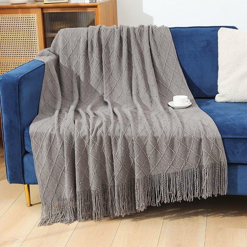 130X180CM Retro Diamond Plaid Wool Tassel Hem Blanket Solid Color Knitted Sofa Home Office Rest Cover Blankets Soft Comfortable