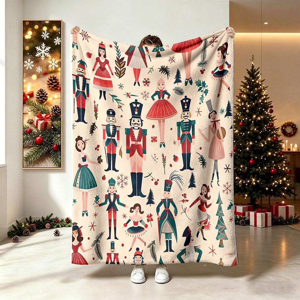 230g Flannel Fleece Blanket Christmas Nutcracker Soldier Pattern Soft Warm Cozy Winter Holiday Blanket for Home