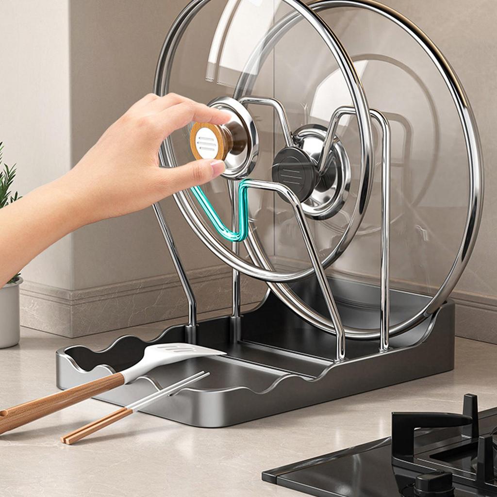 Pot Cover Holder Rack Vertical Spoon Drying Stand With Drip Tray Stainless Pan Cover Organizer For Kitchen Baking Cooking Pantry