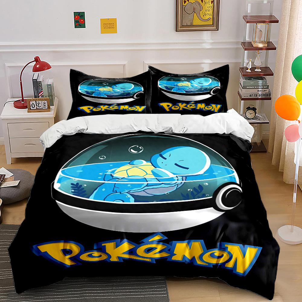 Japanese Anime Pokemon Squirtle Bedding Set Quilt 3 Pieces Duvet Cover King Queen Us Twin Size Bedclothes Kid Boy Girl Bed Decor
