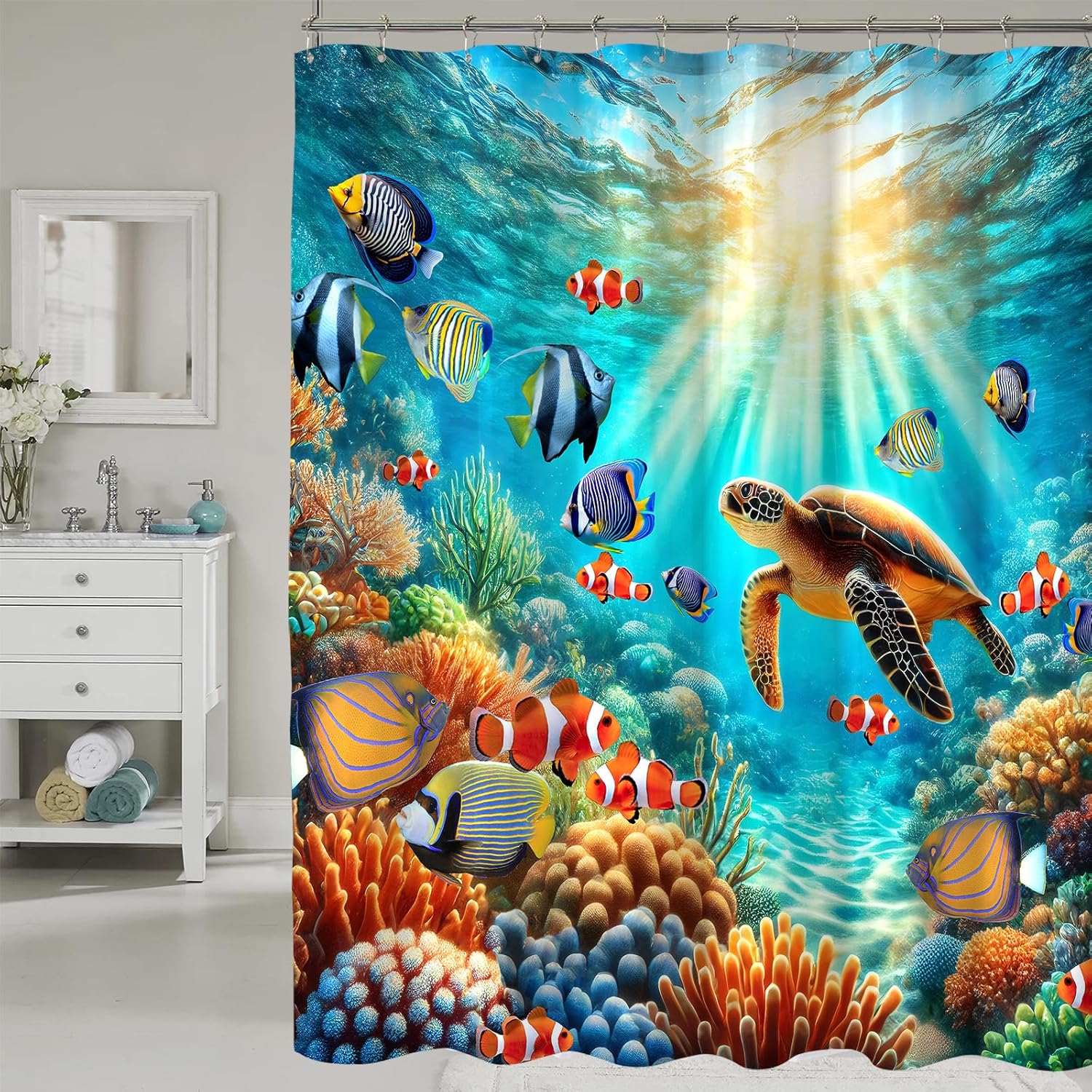 Шторка для душа Морская черепаха Океан Пляж Прибрежный Мир моря Морская жизнь Набор штор для ванной комнаты с крючками Домашний декор 120x180cm