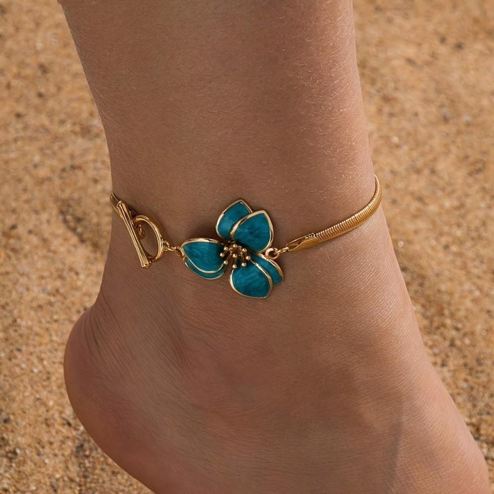 Gold Oil-Dripped Flower Pendant Anklet 3D Charm Beach Anklet Foot Chain Jewelry for Foot Jewelry