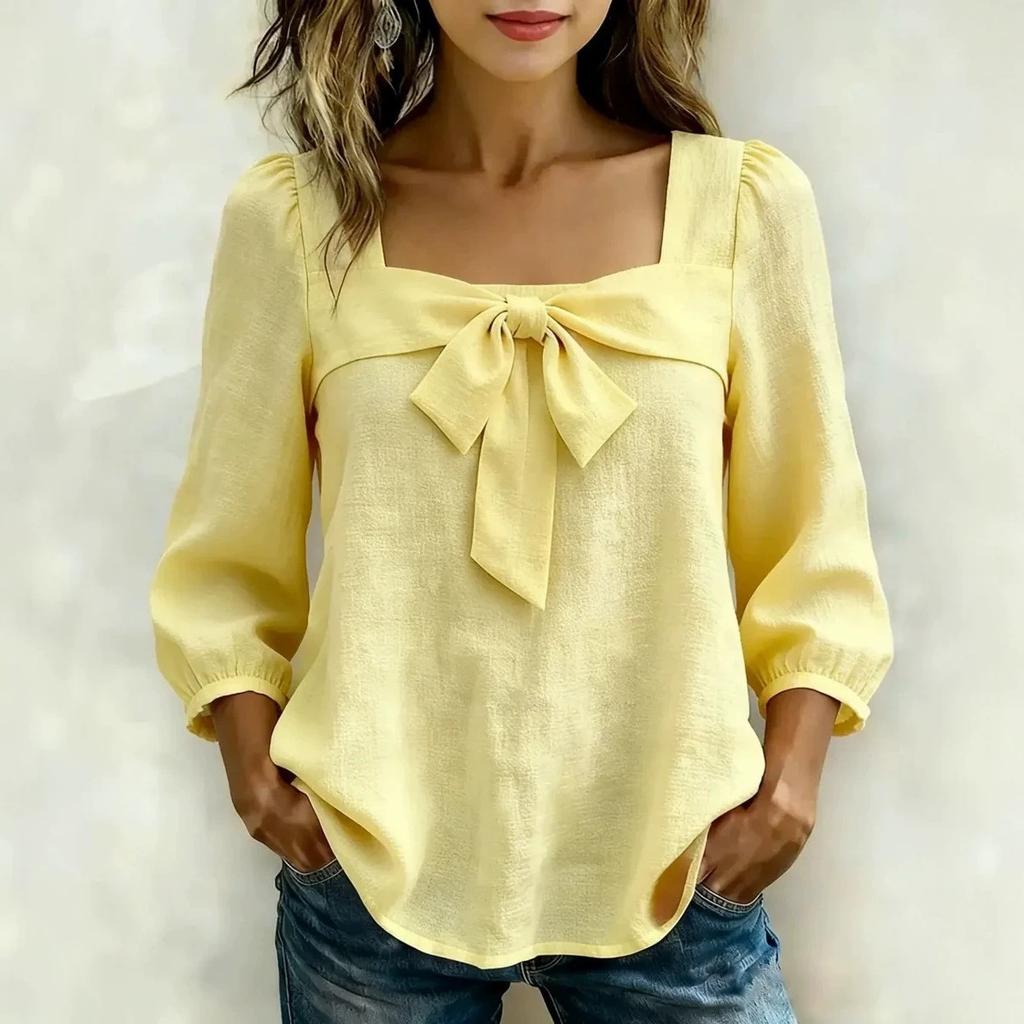 women's Square Neck Bow Tie Blouse 3/4 Puff Sleeve Casual Solid Color Top for Summer