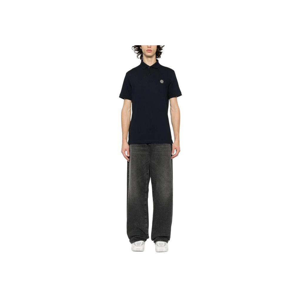 STONE ISLAND Ss24 Pique Cotton Logo Pattern Printed Polo Shirt Men Polo Shirts Navy-Blue 80152SC17-A0020