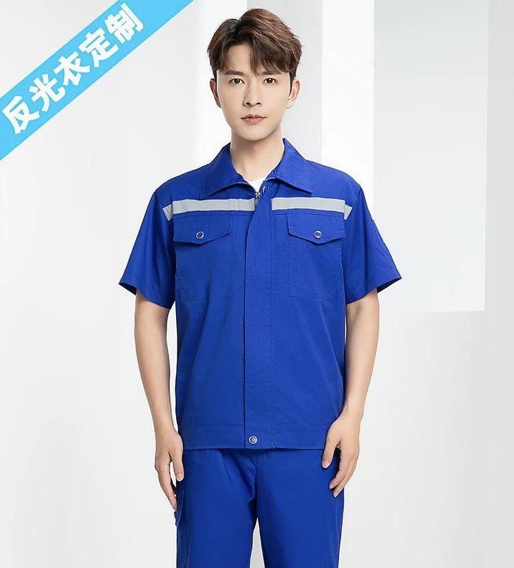 Summer Lightweight Polyester Cotton Reflective Workwear Set - Long Sleeve Protective Clothing for Construction and Workshop Use.